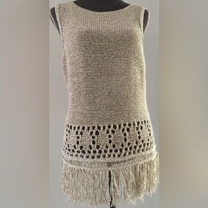 Elie Tahari Beige Brown Knit Fringed Donna Sweater NWOT